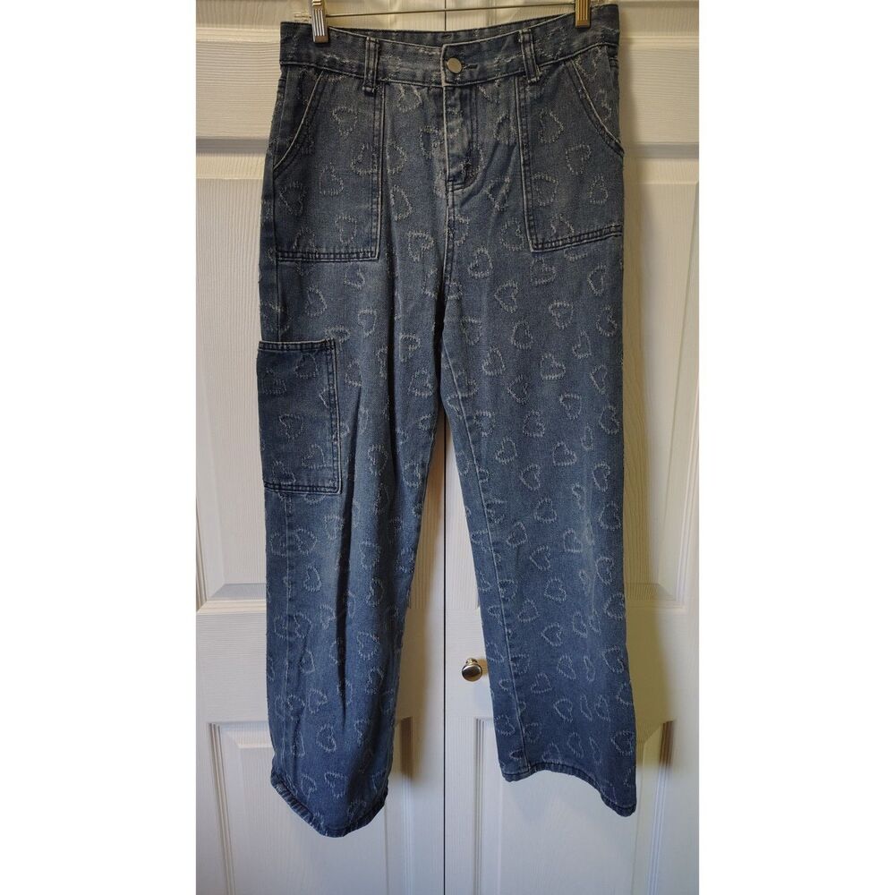 All-Over Heart Pattern High-Waisted Wide Leg Denim Jeans XL
